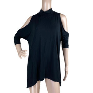 Women's Black Cold Shoulder Mock Neck Keyhole Back Asymmetrical Hem Shirt Size M